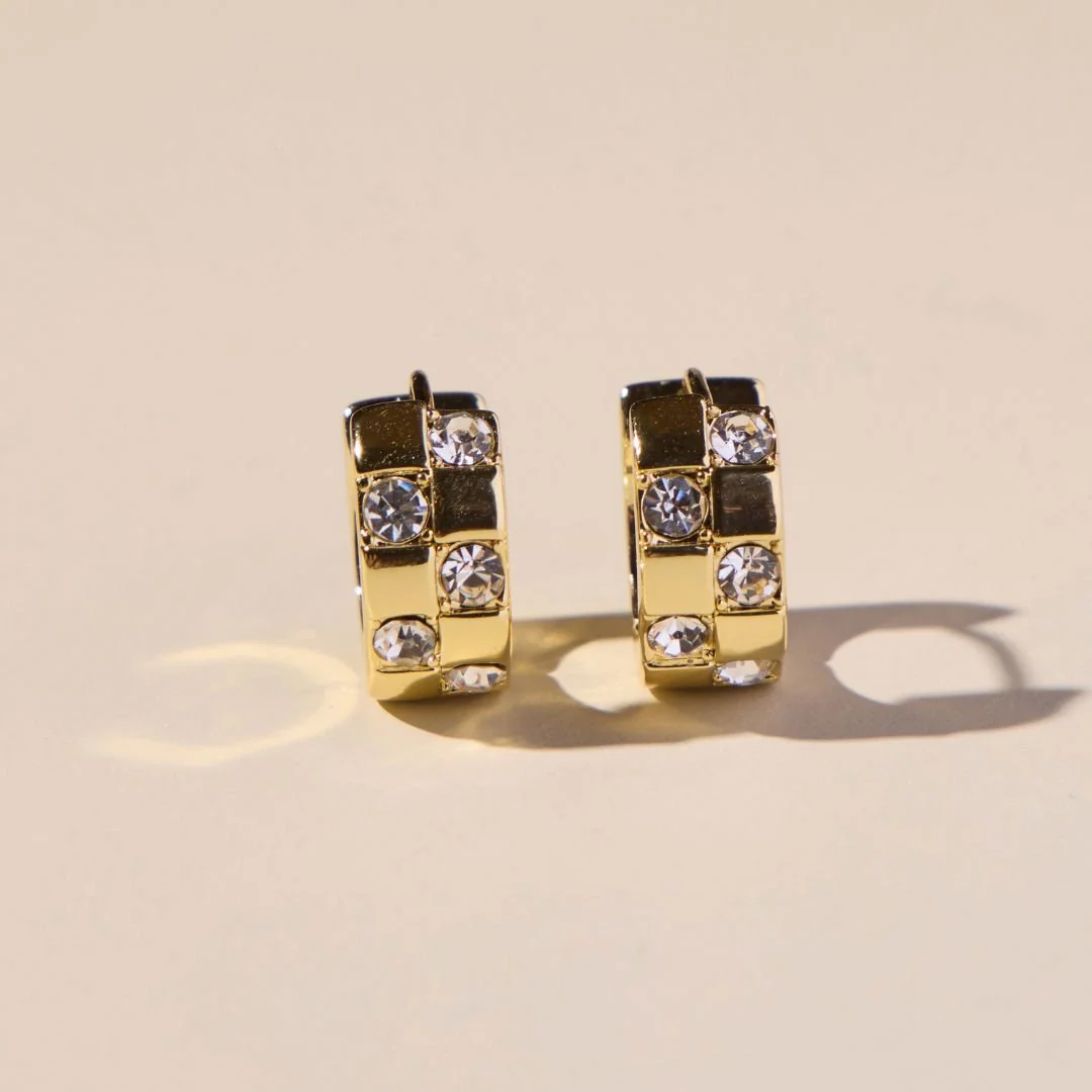 Gold Pavé Checkered Huggies