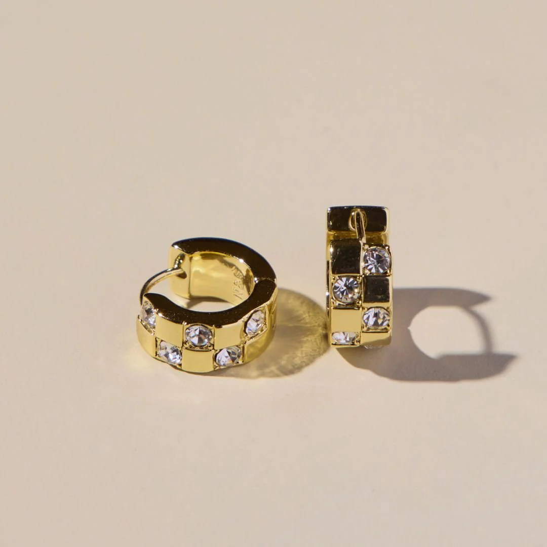 Gold Pavé Checkered Huggies - Image 2