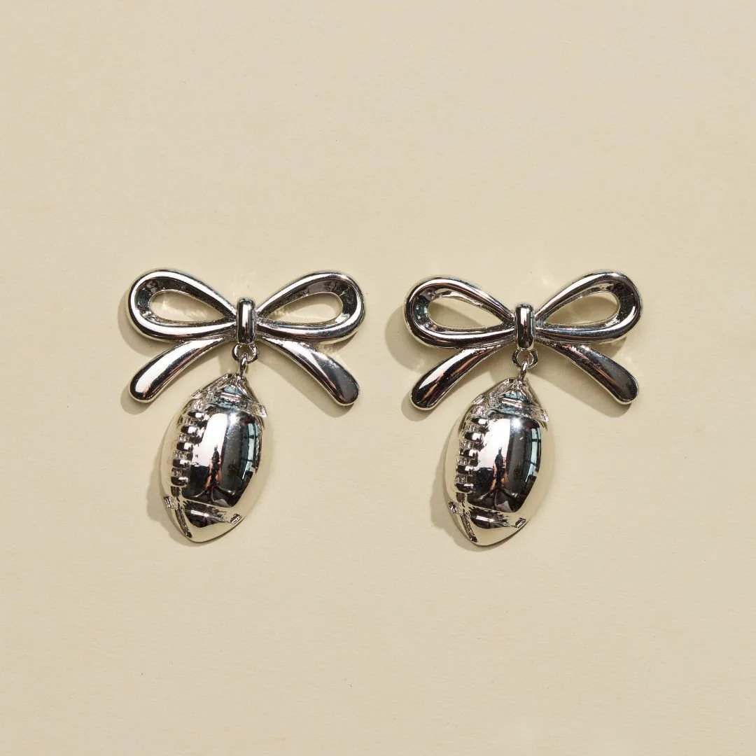 Silver Football & Bow Drop Studs
