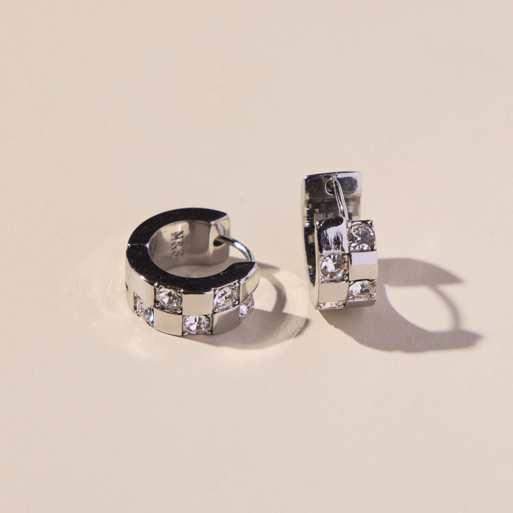 Silver Pavé Checkered Huggies