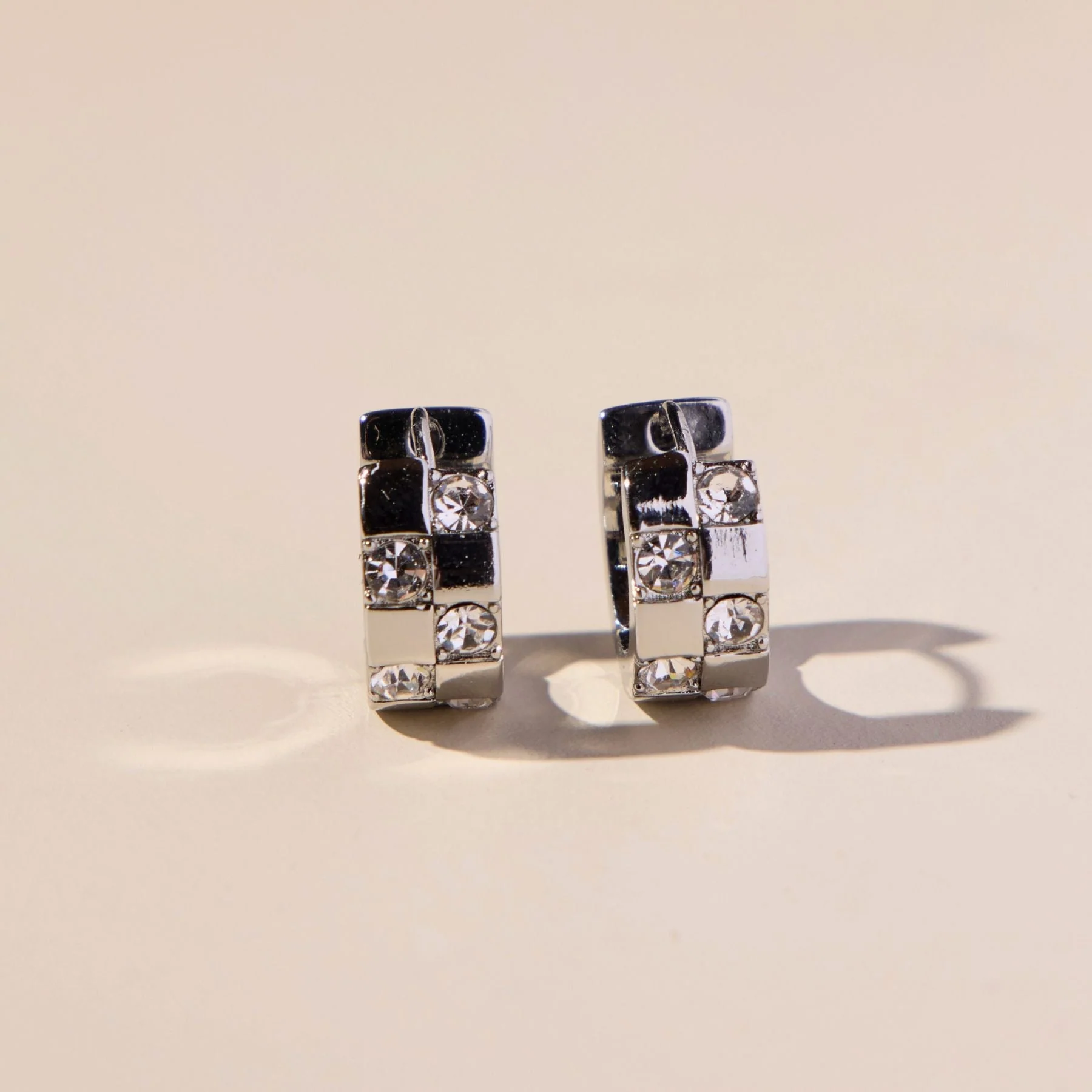 Silver Pavé Checkered Huggies - Image 2